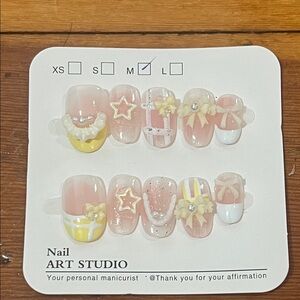 Nail Art Studio Press-On Nails with Pink and Yellow Design Size M